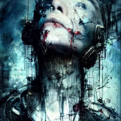 Image similar to screaming cyberpunk, wires, machines by emil melmoth zdzislaw belsinki craig mullins yoji shinkawa realistic render ominous detailed photo atmospheric by jeremy mann francis bacon and agnes cecile ink drips paint smears digital glitches glitchart