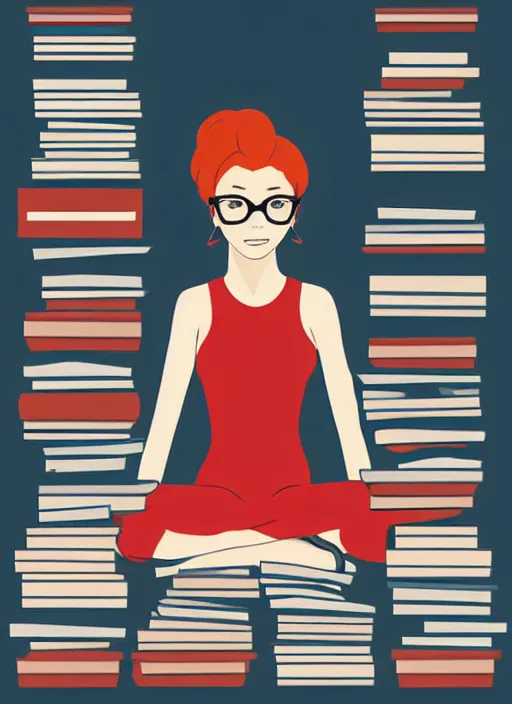 Prompt: a young woman with red hair in a bun and glasses sits cross legged on top of a tall pile of books. she is reading. clean pretty cartoon painting, cel shaded, minimal outlines, beautiful detailed face.