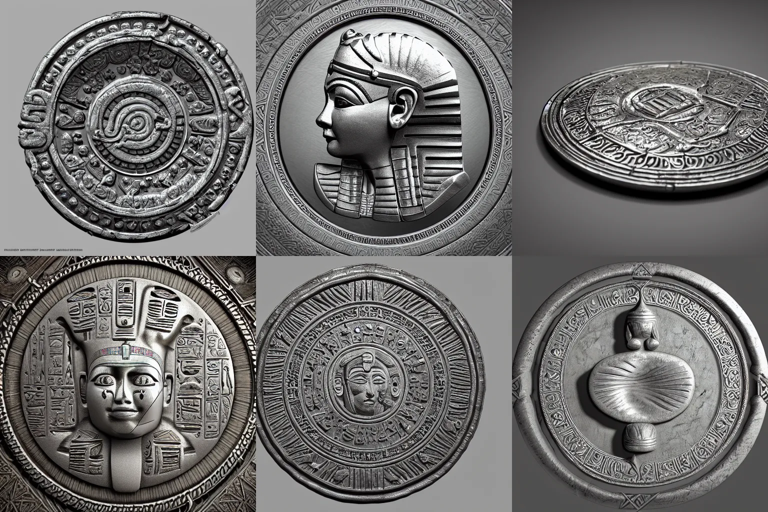 Prompt: Old silver coin with many ornaments from ancient Egypt, highly detailed, concept art, 4k, artstation, cgsociety, octane render.