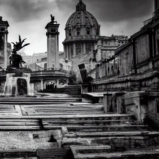 Image similar to rome in 2 3 0 0, futuristic, cinematic, black and white