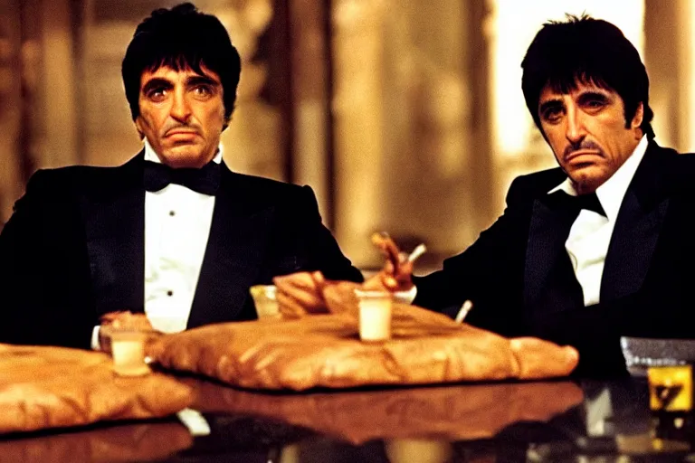 Image similar to tony montana from movie scarface 1 9 8 3 sitting at a ( big black oak table ) with ( big packages of flour ). next to the night window. ( al pacino ). perfect symmetric face, coherent eyes,, fine details, 4 k, ron cobb, cinestill