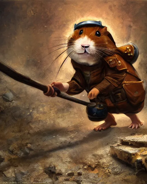 Image similar to oil painting of anthropomorphized hamster hitting floor with pickaxe, steampunk clothes, close shot, full body, dark steampunk mine shaft background, sharp focus, fantasy style, octane render, volumetric lighting, 8k high definition, by greg rutkowski, highly detailed, trending on art Station, dungeons and dragons artwork, centered