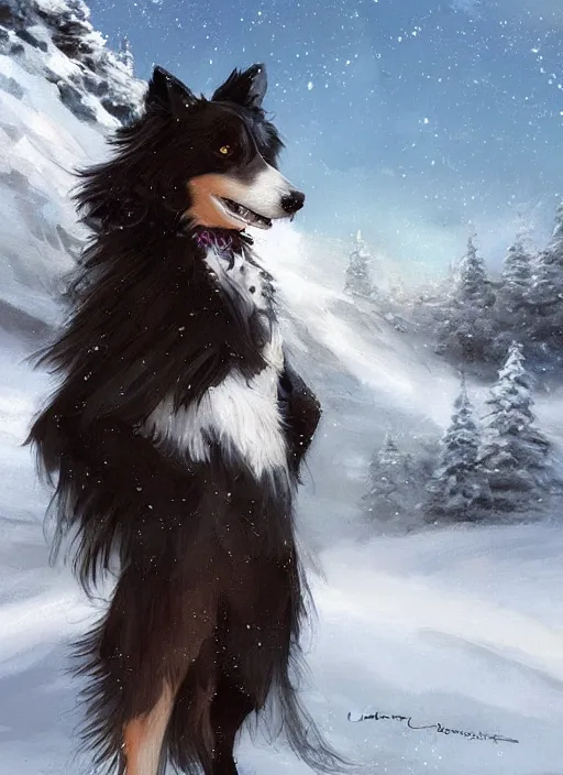 Image similar to beautiful portrait of a cute male anthropomorphic border collie fursona wearing a blue cowboy outfit in a tundra. character design by charlie bowater, henry asencio, and ross tran. scenic background, detailed, glamor pose, aesthetic, trending on artstation, top rated on furaffinity and deviantart