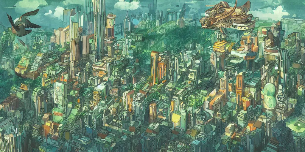 Image similar to future city covered by forest creature, flying, culture, smooth, by studio ghibli