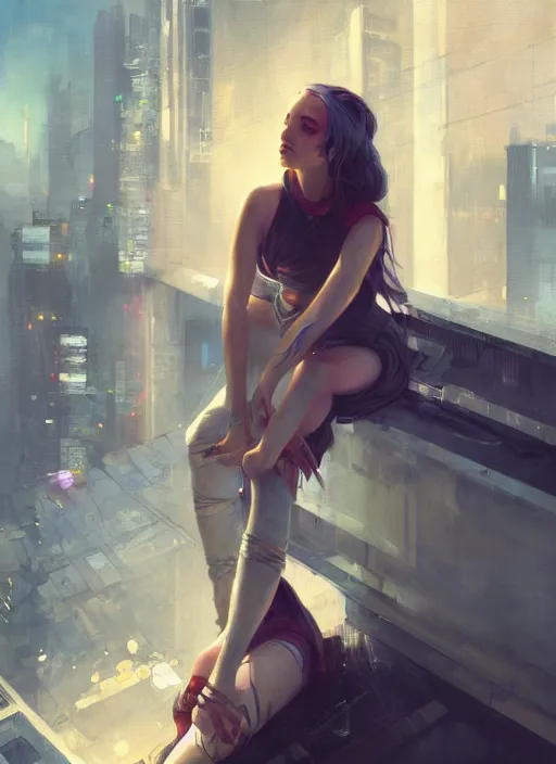 Prompt: girl sitting on a rooftop, cyberpunk, medium shot, realistic detailed face, by charlie bowater, by wlop, by jeremy lipking, expressive oil painting, portrait, digital art