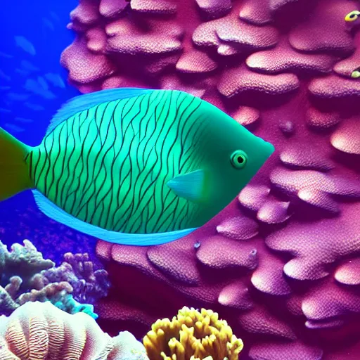 Image similar to A purple fish, swimming in a beautiful coral reef, Digital art, Concept art