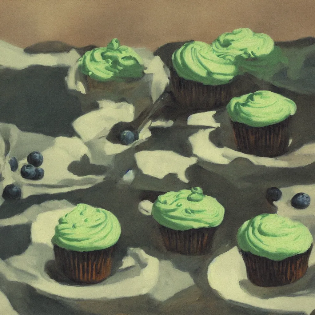 Prompt: a detailed painting study of one blueberry cupcakes with green creme topping by Edward Hopper