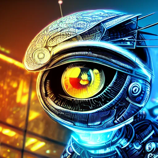Prompt: cybernetic owl eye, futuristic, cyberpunk, digital illustration, photo - realistic, macro, extremely detailed, vivid, neon, dramatic lighting, intricate details