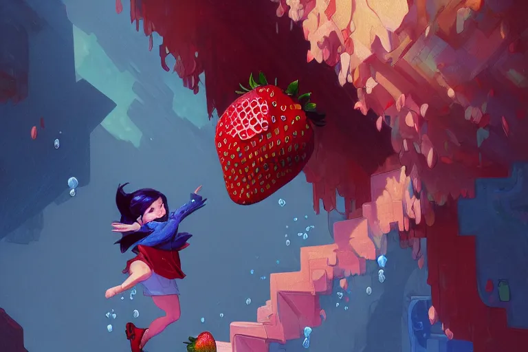 Image similar to madeline from celeste jumping to a big strawberry, ( ( ( blue bubble jacket ) ) ) ( ( ( red long hair ) ) ), highly detailed, digital painting, artstation, concept art, sharp focus, illustration, art by greg rutkowski and alphonse mucha