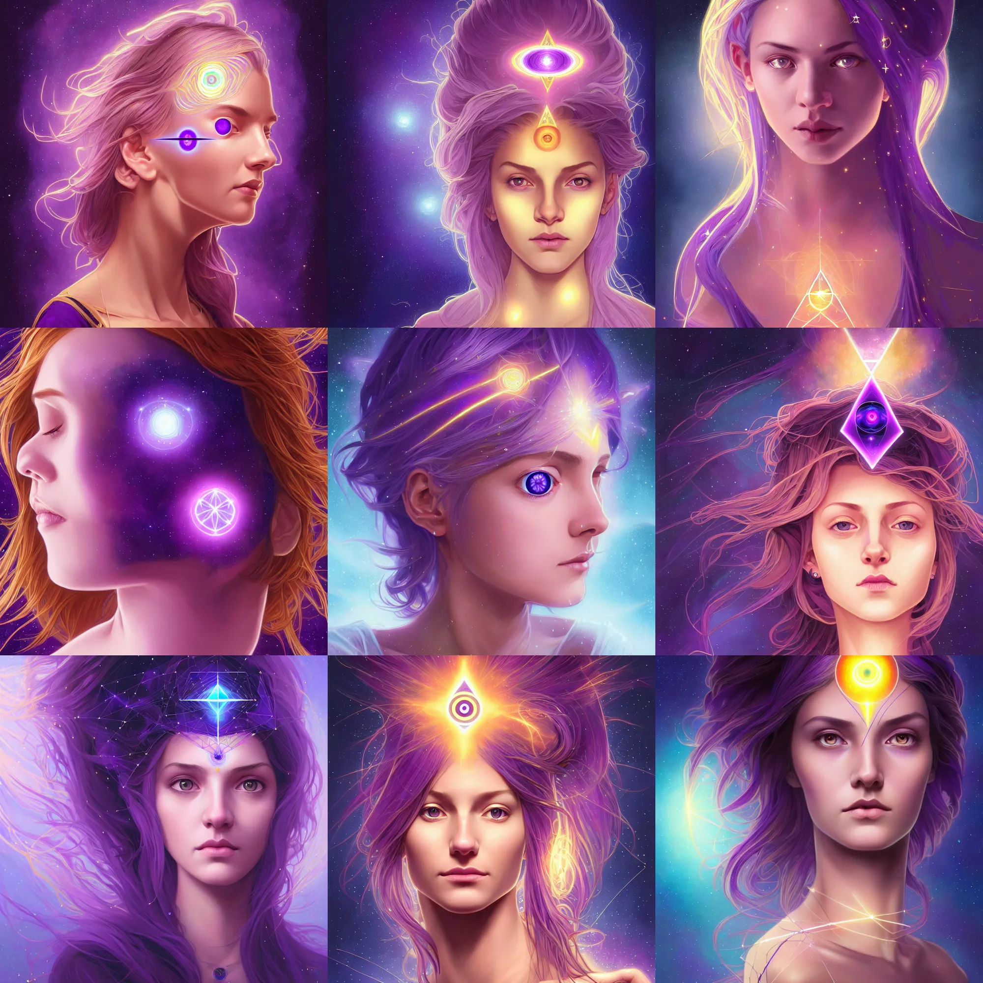 Prompt: centered head and shoulders portrait of a girl with glowing purple third eye chakra and golden hair, geometric third eye triangle, sci - fi face, cosmic geometric background, breathtaking stars, elegant, highly detailed, digital painting, artstation, concept art, smooth, sharp focus, illustration, art by artgerm and greg rutkowski and alphonse mucha, acid pixie
