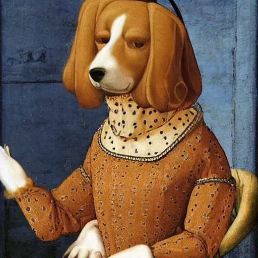 Image similar to a dog in a dress during the renaissance