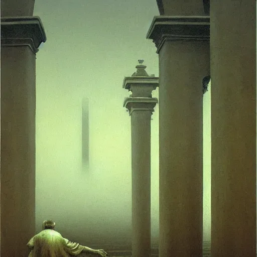 Prompt: arm reaching out of thick fog, symetrical rows of tall stone columns in background, intricate zdzislaw beksinski