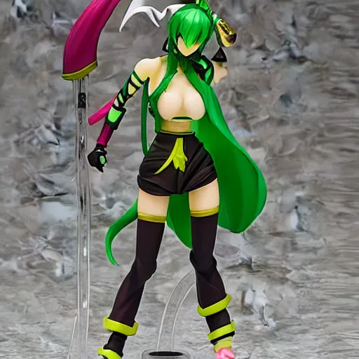 Image similar to league of legends akali as a Figma doll. Posable anime figurine. Kamas-wielding, green litham veil, green outfit. Ninja sickle. PVC figure 12in.