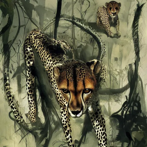 Prompt: cheetah in the jungle by dave mckean and yoji shinkawa, oil on canvas