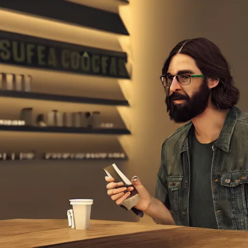 Prompt: hipster jesus ordering starbucks coffee, realistic artstyle, wide shot, dramatic lighting, octane render, hyperrealistic, high quality, highly detailed, HD, beautiful, cinematic, 8k, unreal engine, facial accuracy