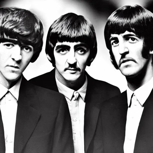 Image similar to a photo of paul, george, ringo and john all with a blank look on their faces, looking at one another