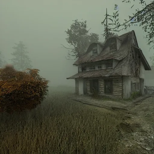 Prompt: Village, horror, fog, foster, highly detailed, game, one house, fear, hyper realistic, atmospheric lighting