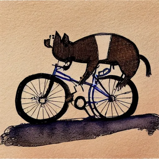 Prompt: a pig riding a bicycle on the road by the seaport,detailed watercolor pen ink illustraion by Hugo Prades