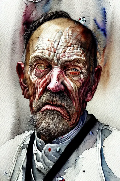 Prompt: watercolor portrait of an old man butcher with a white apron, painting, dramatic, detailed, by android jones