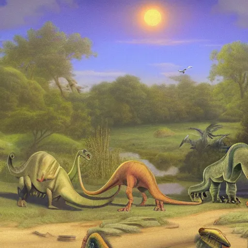 Image similar to Trias with dinosaurs, in the style of the Hudson River School