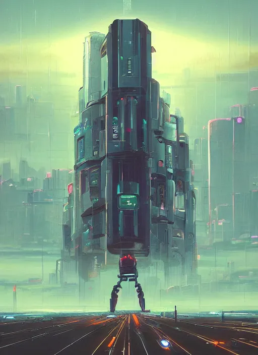 Prompt: a painting of a giant robot standing in front of a city, cyberpunk art by beeple by dan mumford, behance contest winner, nuclear art, dystopian art, apocalypse art, sci - fi