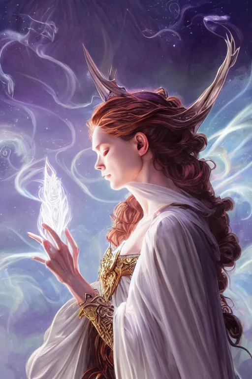 Image similar to white witch crafting magic spells, side view, crafting spells, bright witch, flying, fantasy, chaos, magic, dark magic, dramatic lighting, intricate, wild, highly detailed, digital painting, artstation, concept art, smooth, sharp focus, illustration, art by artgerm and greg rutkowski and alphonse mucha, footage from space camera