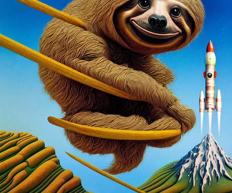 Image similar to hyper detailed 3d render like a Oil painting - a cartoon sloth riding a rocket into space, by Jacek Yerka, Mariusz Lewandowski, Houdini algorithmic generative render, Abstract brush strokes, Masterpiece, Edward Hopper and James Gilleard, Zdzislaw Beksinski, Mark Ryden, Wolfgang Lettl, hints of Yayoi Kasuma, octane render, 8k