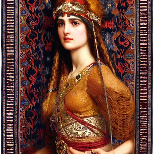 Prompt: orientalist portrait of a woman wearing an ornate mesopotamian headdress standing in front of tapestry carpet intricate artwork by john william waterhouse and Edwin Longsden Long and Theodore Ralli and Henryk Siemiradzki. trending on artstation, very coherent symmetrical artwork high detail 8k