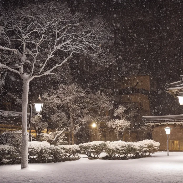 Prompt: snowy japanese courtyard illuminated by street lamps, high resolution photograph