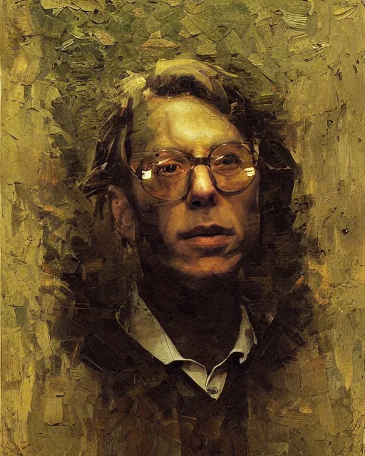 Image similar to painterly portrait, william fichtner, impasto, fantasy, chuck close:7, carl spitzweg:7, cinematic light, full face, symmetrical face