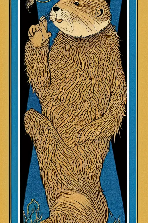 Prompt: tarot card illustration depicting a sea otter on the card the seven of fish, framed in an elaborate golden line border, tarot card, detailed illustration, sea otter, furry art, artstation, 4 k