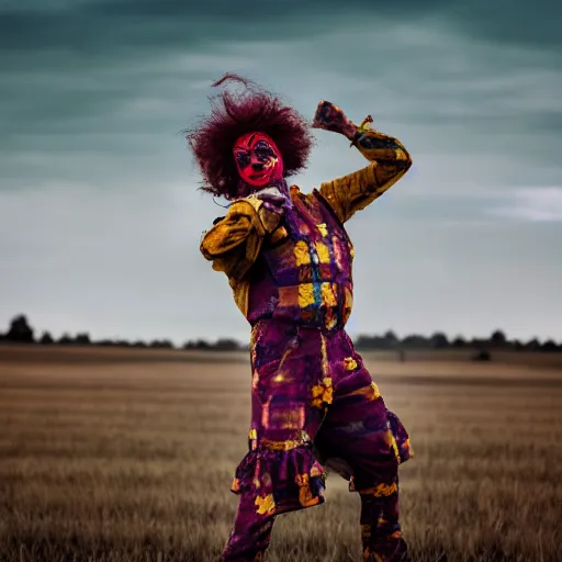 Image similar to man wearing clown makeup dancing in field on fire, cinematic lighting, 8 k