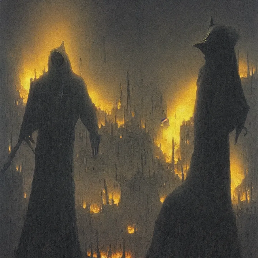 Image similar to plague doctor from iron gridle but human form, destroyed city and flames by zdzislaw beksinski, color