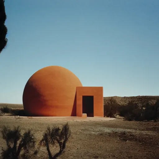 Image similar to a Non-Euclidean orb-like clay house sitting in the desert, vintage photo, beautiful cinematography, blue sky, film grain, James Turrell