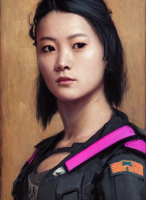 Prompt: Marie Cho. beautiful cyberpunk female USN marine wearing a military vest and a black and pink tactical catsuit (cyberpunk 2077, bladerunner 2049). gorgeous face. Iranian orientalist portrait by john william waterhouse and Edwin Longsden Long and Theodore Ralli and Nasreddine Dinet, oil on canvas. Cinematic, hyper realism, realistic proportions, dramatic lighting, high detail 4k