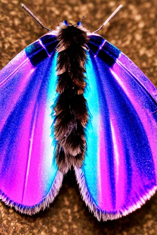 Prompt: high quality macro photo gothic furry iridescent moth! jewelled gorgeous! highly detailed david ligare elson peter cinematic blue neon lighting high quality low angle hd 8k sharp shallow depth of field