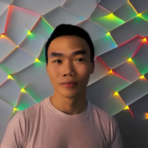 Image similar to a 2 6 year old vietnamese daytrader named jay standing proudly in front of triangular nanoleaf led lights on his wall