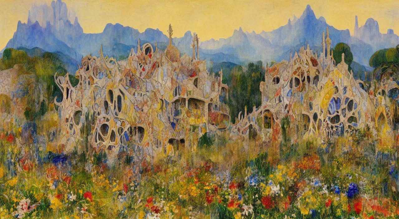 Image similar to a house designed by Antoni Gaudí, with flower fields as foreground, with mountains as background, by J. M. W. Turner