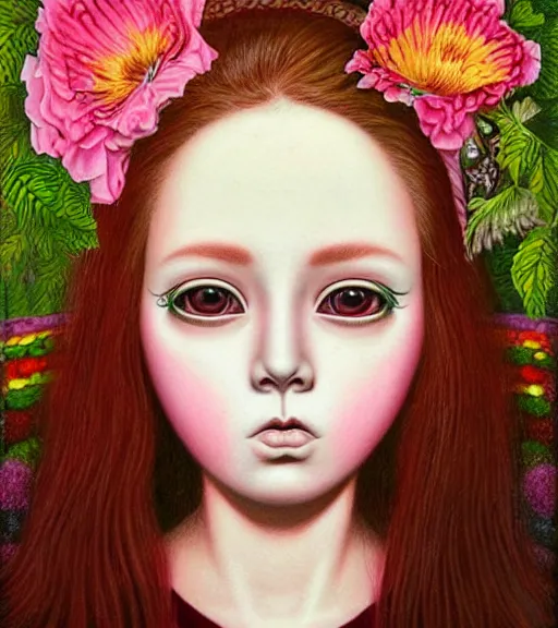 Image similar to portrait of a flowerpunk girl's face, lowbrow painting by mark ryden and hiroyuki mitsume - takahashi and margaret keane