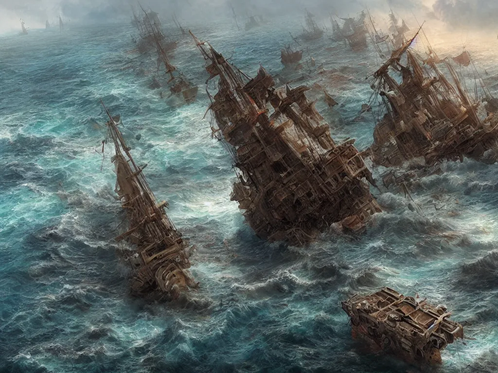 Prompt: detailed matte painting of a pirate ship wreck piercing the sea, holocaust on the water, blood in the sea, detailed cinematic scene, by marc simonetti