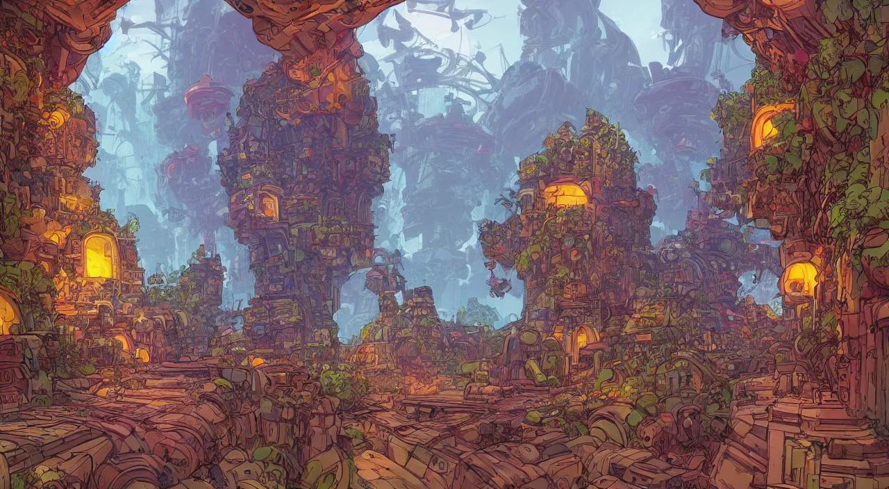 Image similar to open door wood wall fortress airship greeble block amazon jungle on portal unknow world ambiant fornite colorful that looks like it is from borderlands and by feng zhu and loish and laurie greasley, victo ngai, andreas rocha, john harris