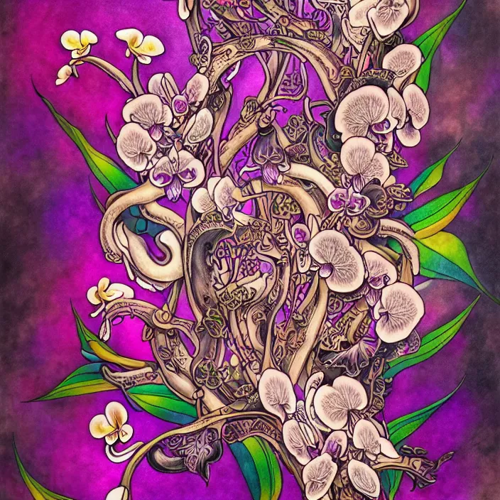 Prompt: extremely psychedelic tattoo design made of orchid and cherry blossom tree and mushroom, LSD tattoo design, diffuse lighting, fantasy, intricate, elegant, highly detailed, lifelike, photorealistic, digital painting, artstation, illustration, concept art, smooth, sharp focus, art by John Collier and Albert Aublet and Krenz Cushart and Artem Demura and Alphonse Mucha