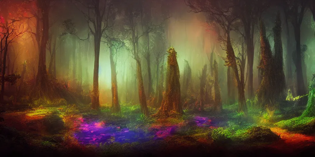 Prompt: beautiful matte painting of a colorful fantasy dark forest at night