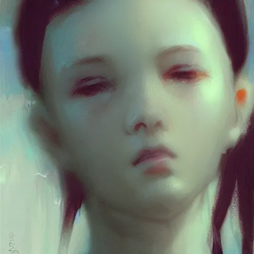 Image similar to a cute girl by ruan jia, closeup headshot, black ponytail, movie style.