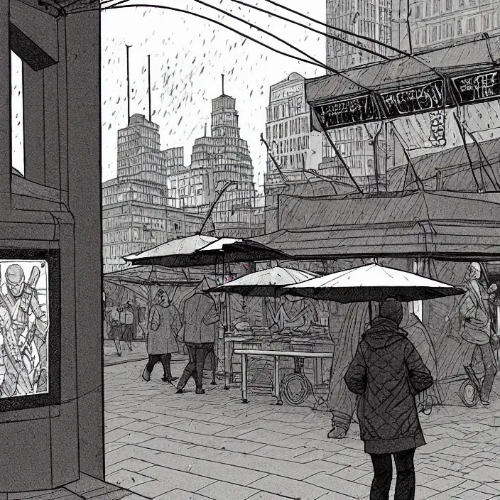 Prompt: close view of market stall. umbrellas on the stall. set in a square, pedestrians walk past. background of old soviet monument. storyboard, scifi cyberpunk. by gabriel hardman, joe alves, chris bonura. cinematic atmosphere, detailed and intricate, perfect anatomy