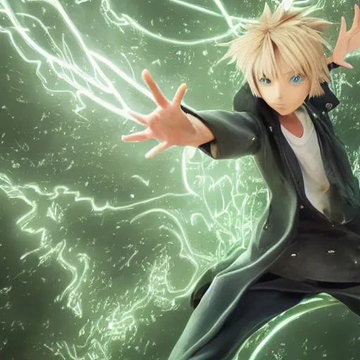 Prompt: a blonde haired green eyes boy casting a spell. character design. intricate. gesture drawing. line of action. official art, unreal engine 5, unreal engine. tetsuya nomura. medium shot. ray tracing hdr. 8 k. uhd. sharp focus. highly detailed. masterpiece. anime render. cinematic lighting. lifelike. symmetrical face. beautiful face