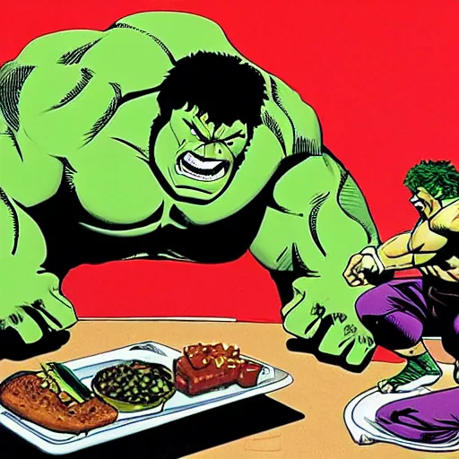 Image similar to fat chuck and the incredible hulk eating lunch. by frank miller