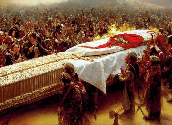 Prompt: the king's funeral, the king dead in the coffin, highly detailed painting by gaston bussiere, craig mullins, j. c. leyendecker