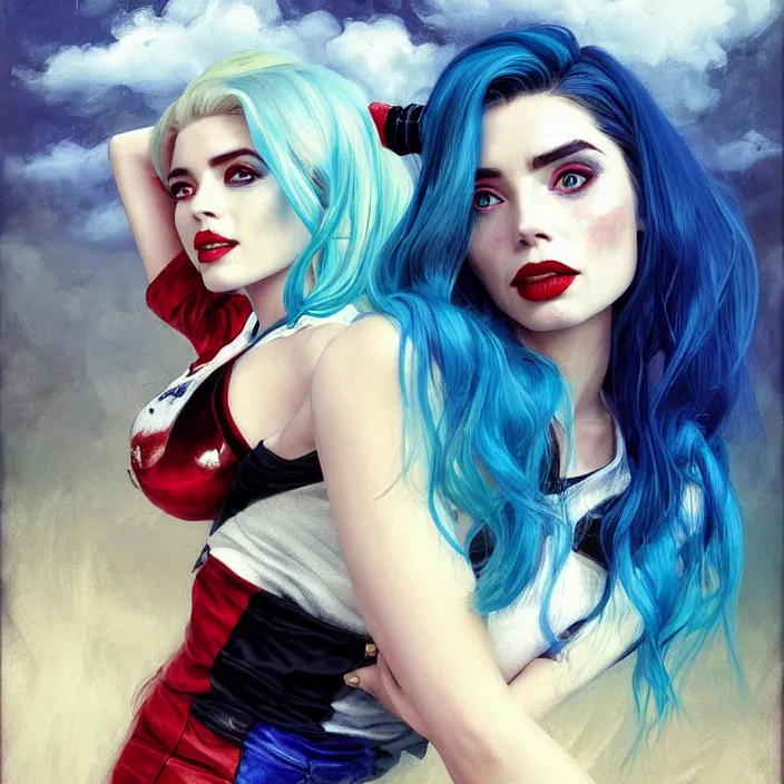 Prompt: portrait of a combination of Ashley Greene, Adriana Dxim, Grace Kelly and Lily Collins with blue hair as Harley Quinn, countryside, calm, fantasy character portrait, dynamic pose, above view, sunny day, thunder clouds in the sky, artwork by Jeremy Lipkin and Giuseppe Dangelico Pino and Michael Garmash and Rob Rey and Greg Manchess and Huang Guangjian, very coherent asymmetrical artwork, sharp edges, perfect face, simple form, 100mm