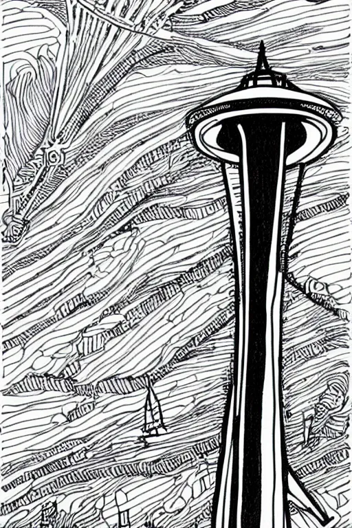 Prompt: space needle in detailed pen and ink drawing style